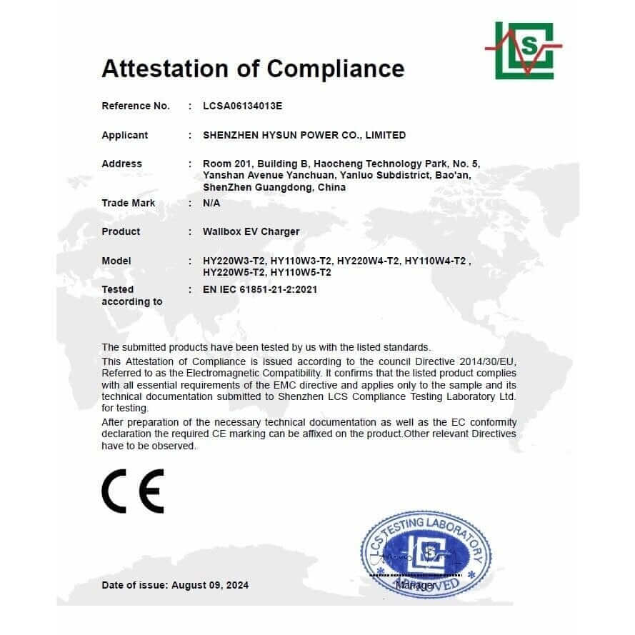 HYSUN Wallbox 11kW charging station with type 2 cable, 5m, OCPP protocol