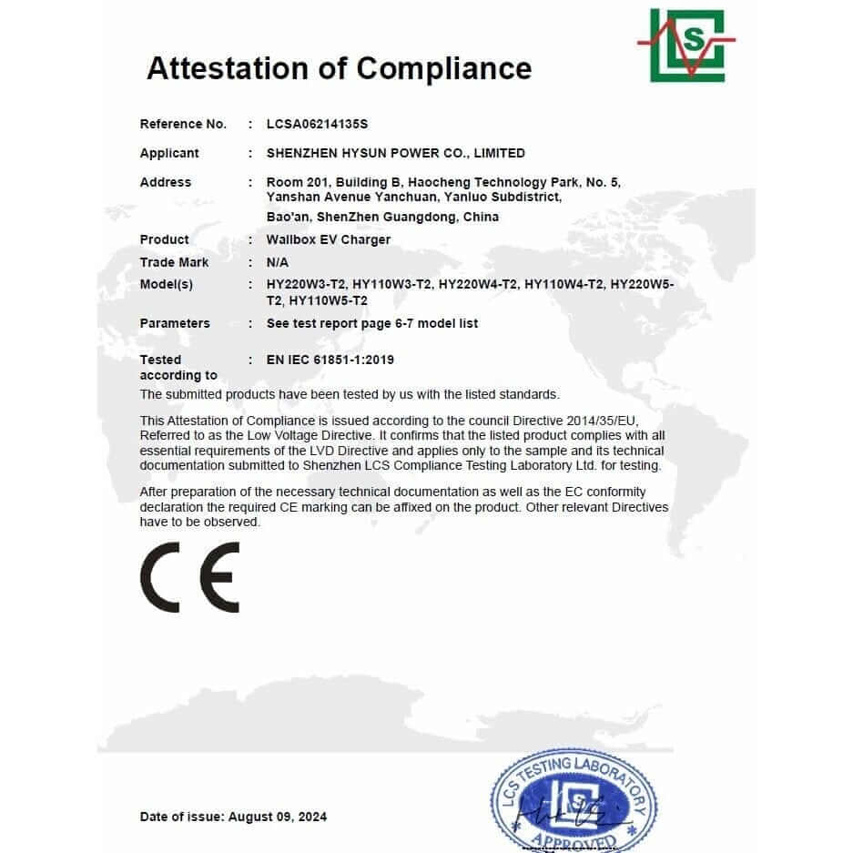 HYSUN Wallbox 11kW charging station with type 2 cable, 5m, OCPP protocol