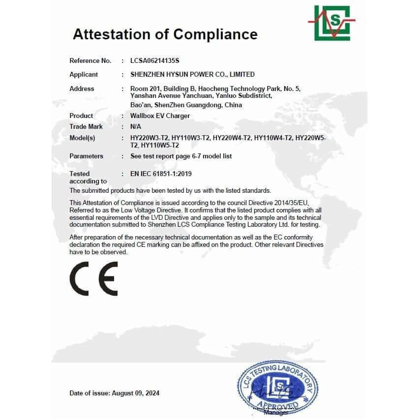 HYSUN charging station Wallbox 22kW with type 2 cable, 5m, OCPP protocol,