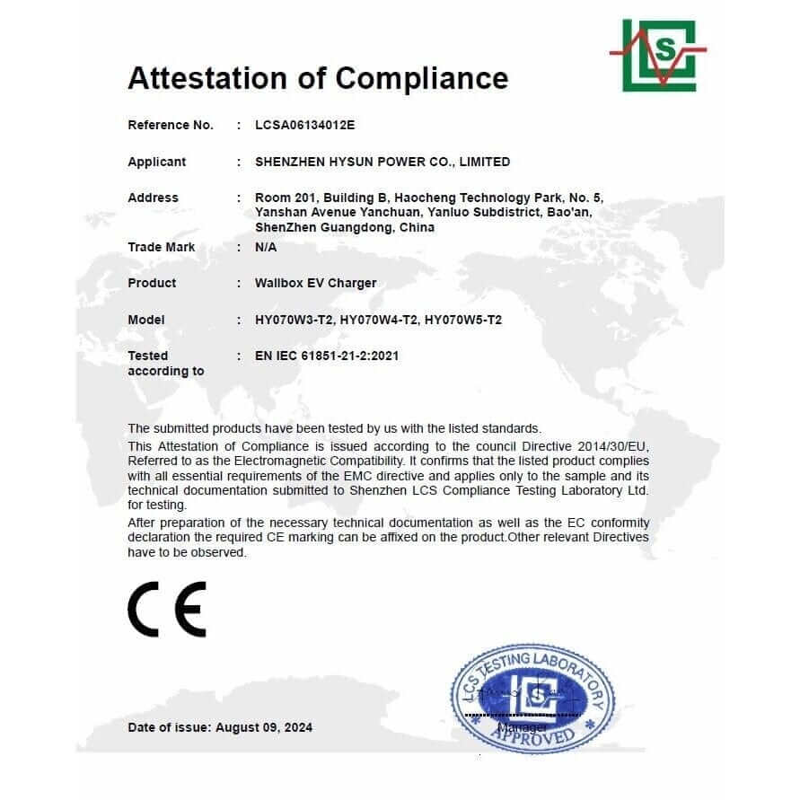 HYSUN Wallbox charging station with type 2 cable, 5m, OCPP protocol