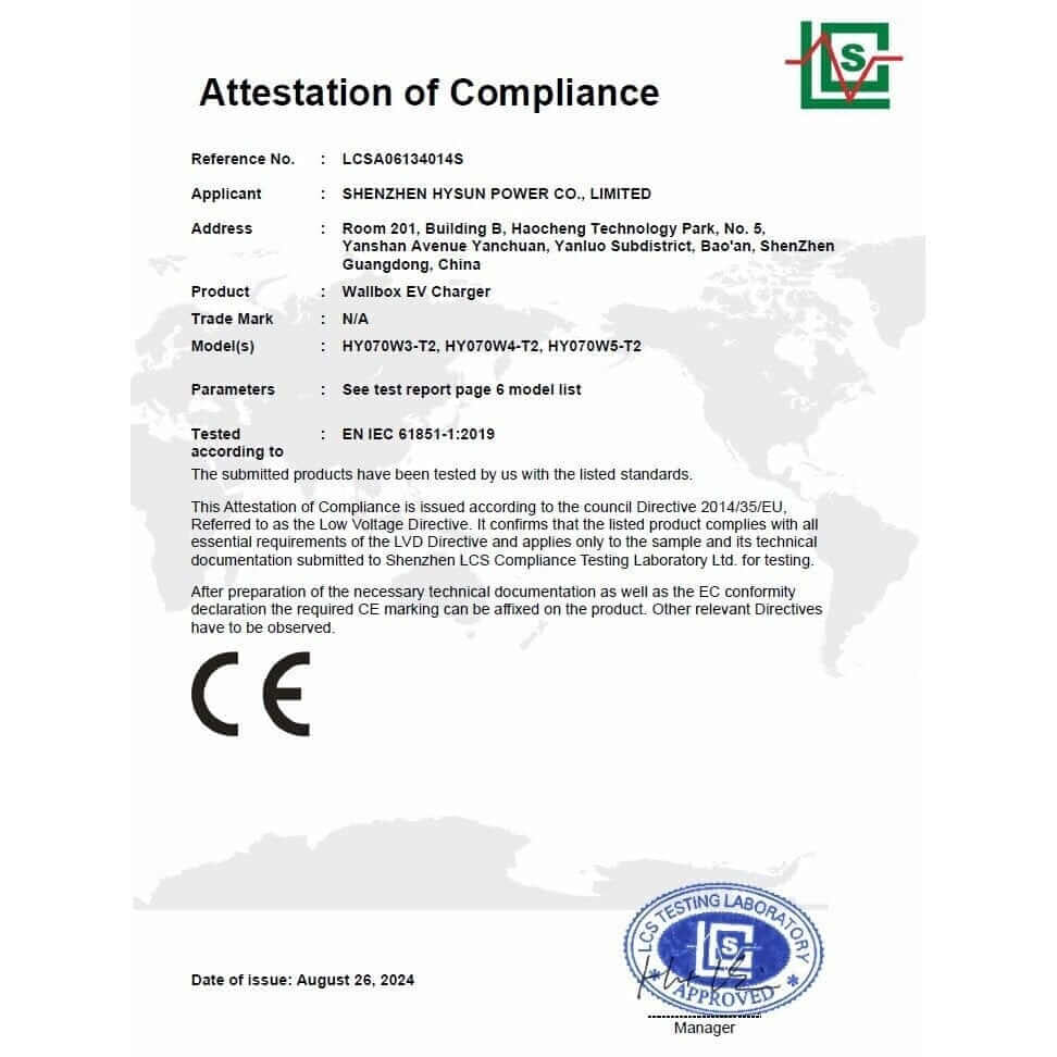 HYSUN Wallbox charging station with type 2 cable, 5m, OCPP protocol