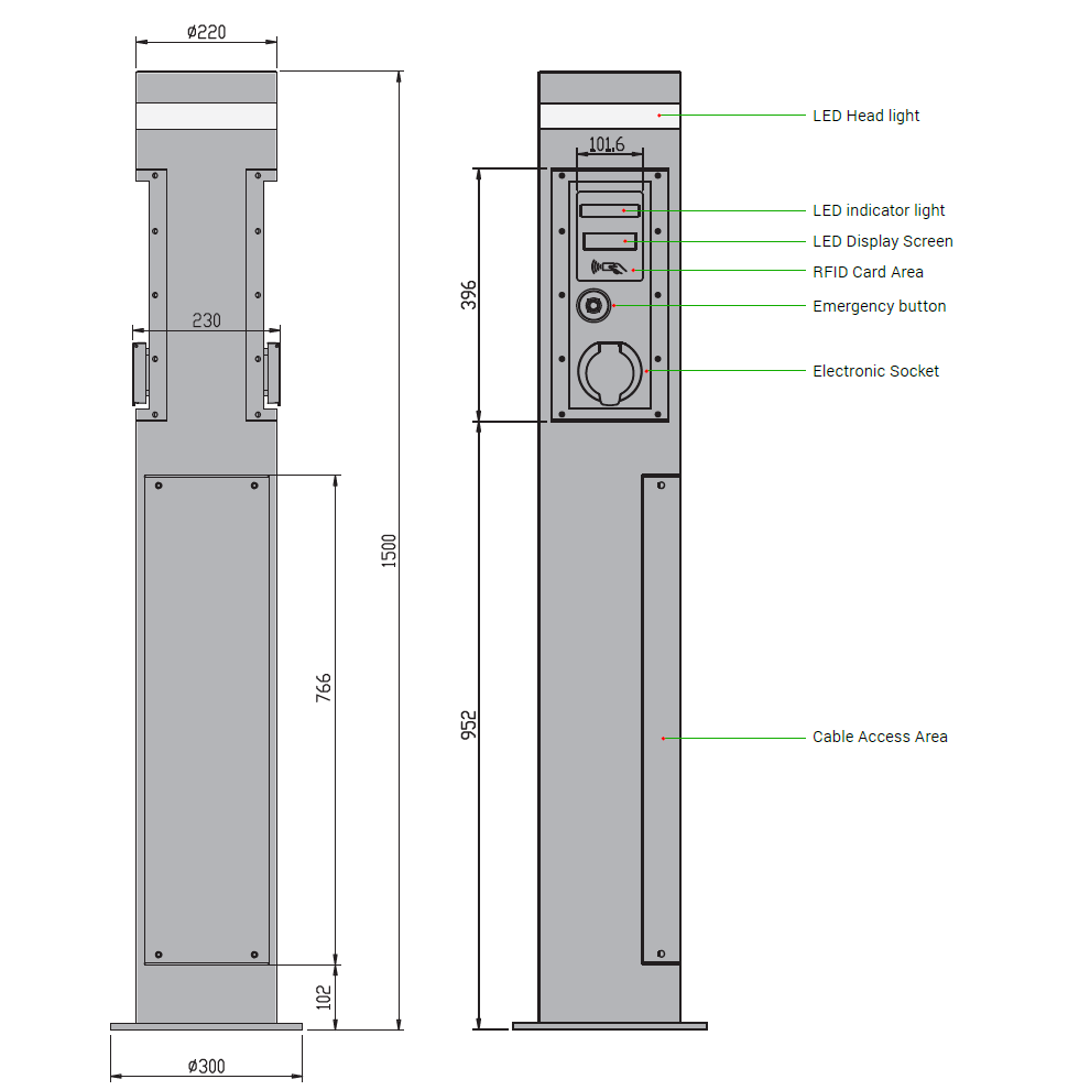EcoPillar 2x22kW charging station with OCPP protocol, Wi-fi control