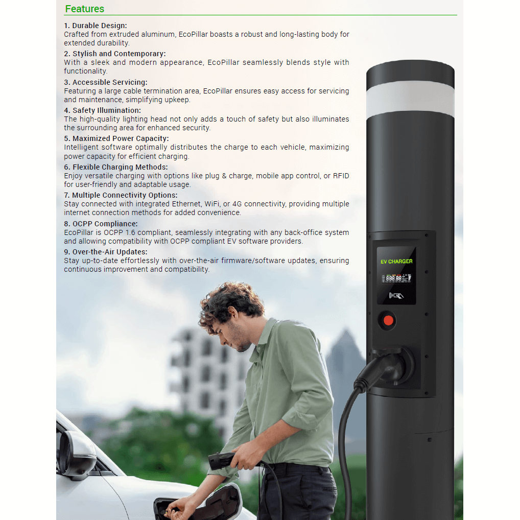 EcoPillar 2x22kW charging station with OCPP protocol, Wi-fi control
